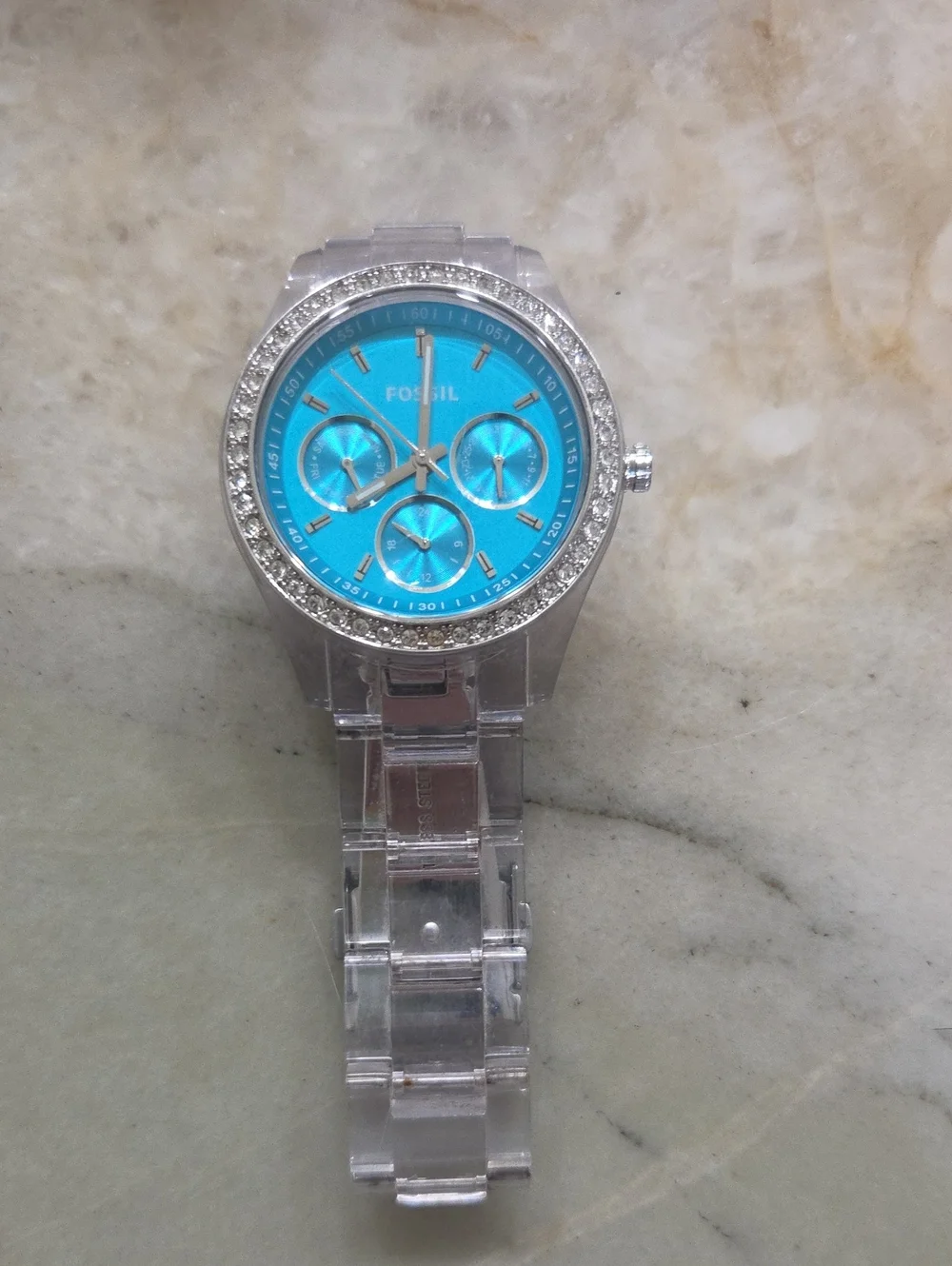 Fossil Clear Bracelet Watch with Turquoise Dial and Crystal Bezel